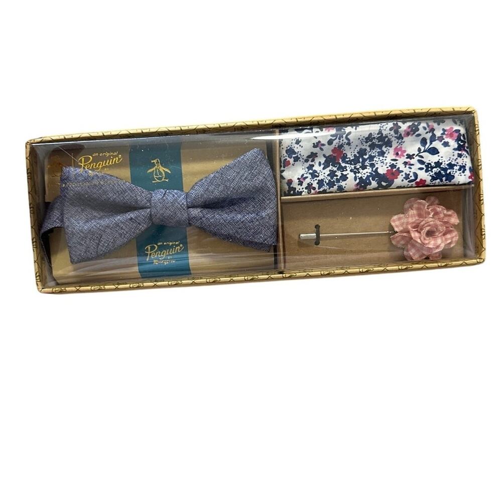 Original Penguin Bow Tie Set Includes Tie, Lapel Pin, and Pocket Square New